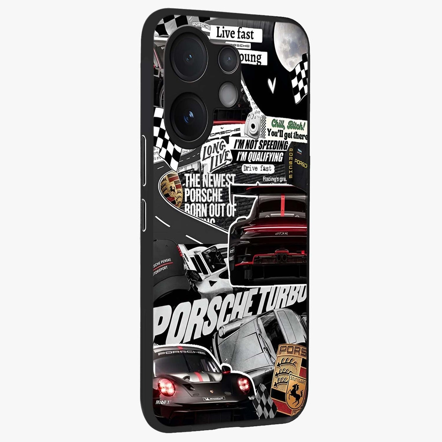 Porsche Racing Collage Glass Case upright view showcasing energetic car collage artwork with high speed racing theme.