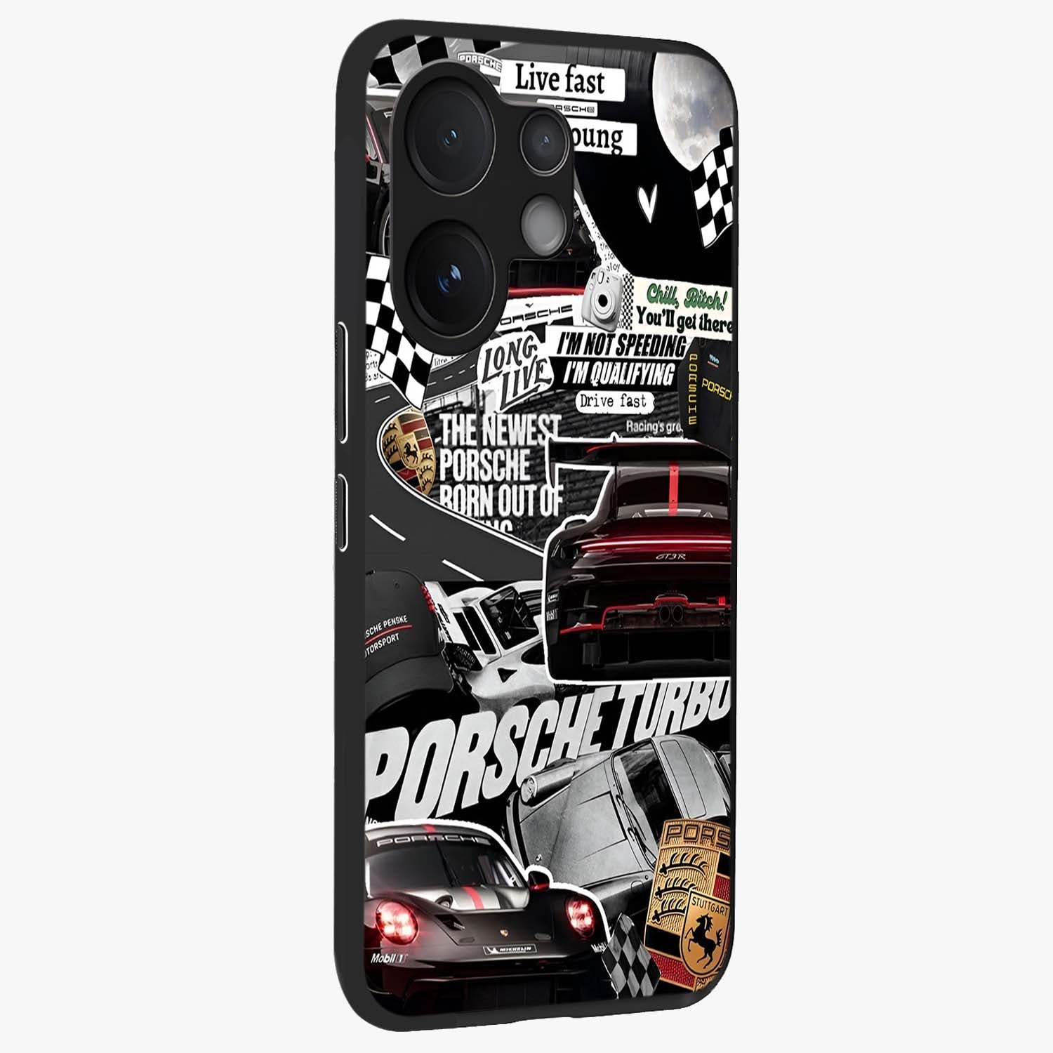Porsche Racing Collage Glass Case upright view showcasing energetic car collage artwork with high speed racing theme.