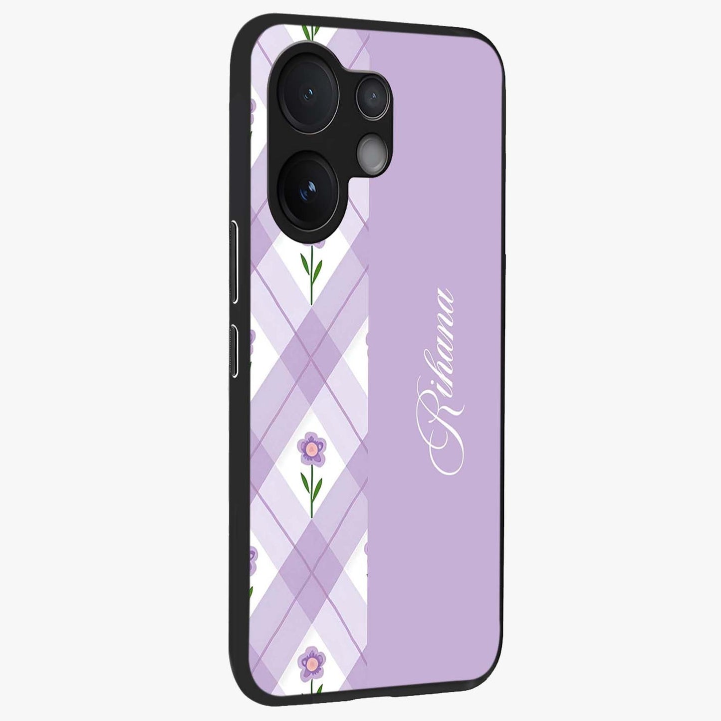 Purple Diamond Floral Glass Case upright view showcasing vibrant floral artwork with stylish geometric theme.