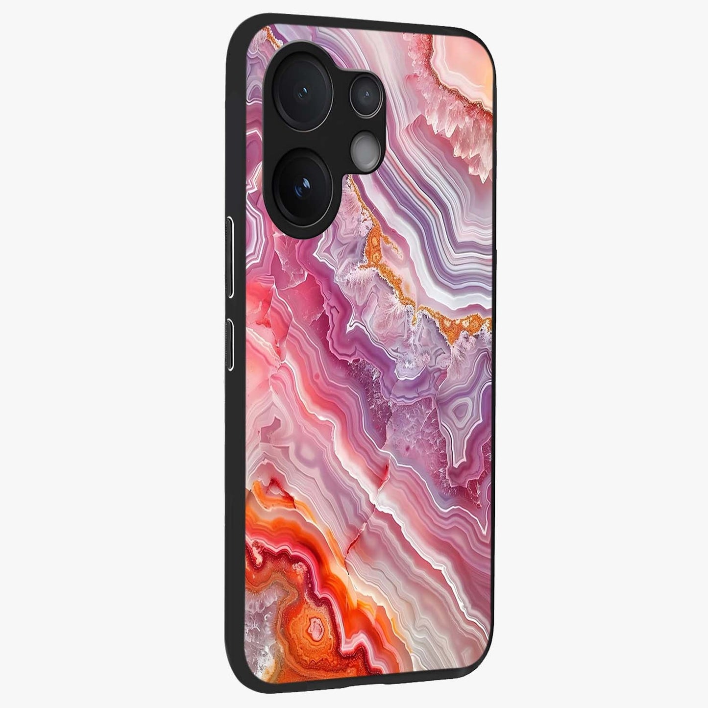 Rose Quartz Marble Glass Case upright view showcasing decorative marble artwork with luxurious pastel theme.