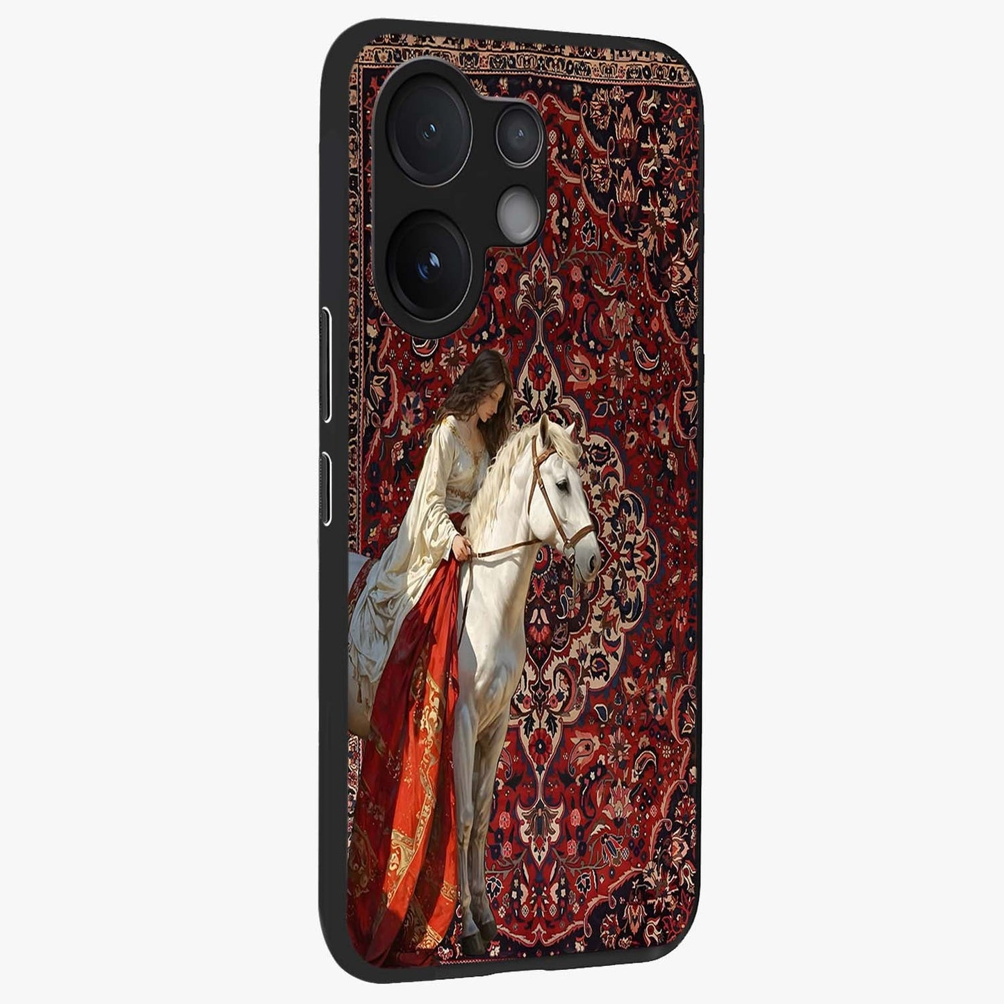 Royal Rider Tapestry Glass Case upright view showcasing detailed rider artwork with classic tapestry theme.