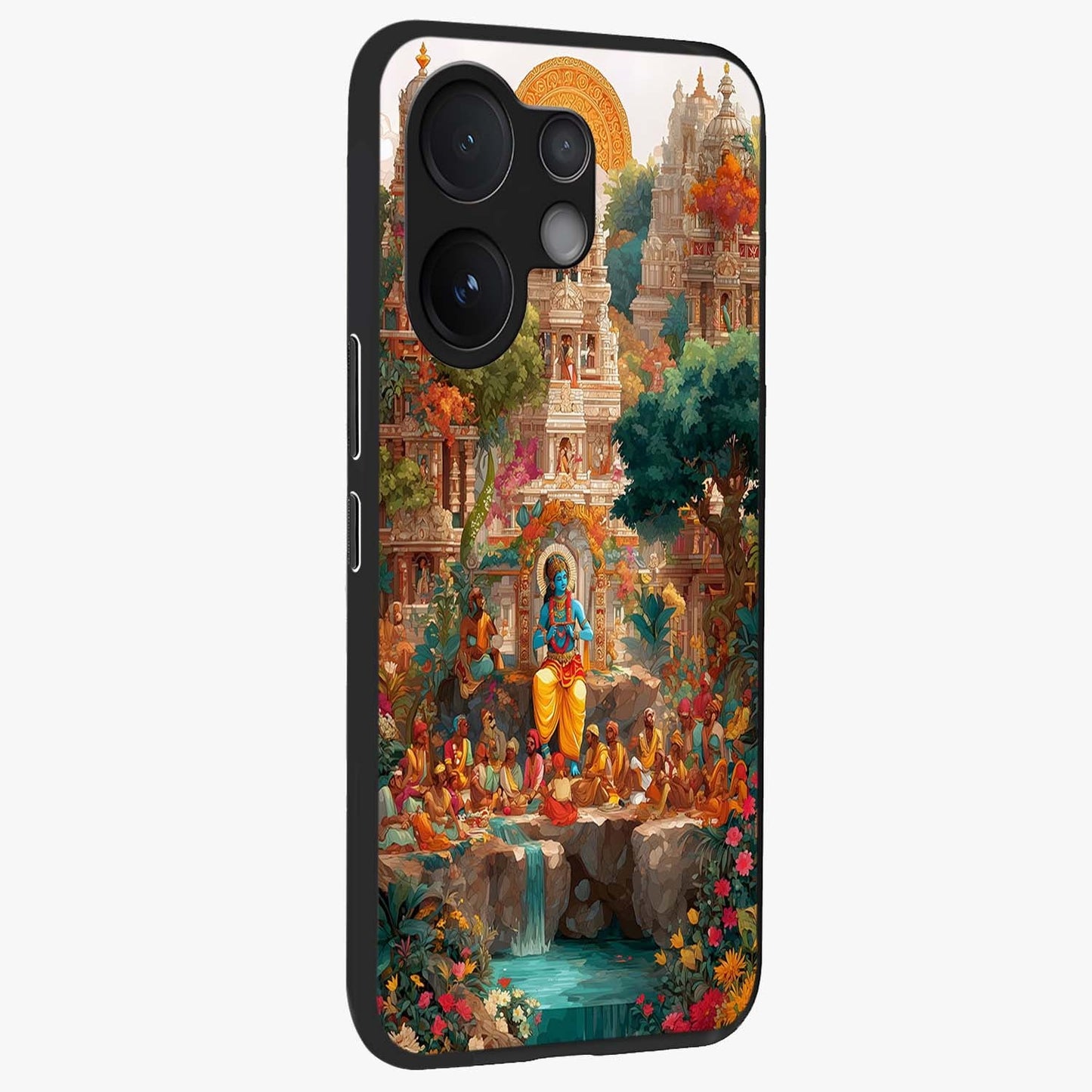 Sacred Sunlight Gods Glass Case upright view showcasing glowing divine artwork with sacred mythological theme.