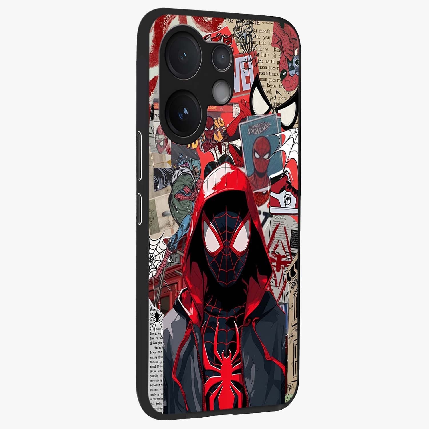 Spider Collage Street Glass Case upright view showcasing bold superhero artwork with urban street theme.