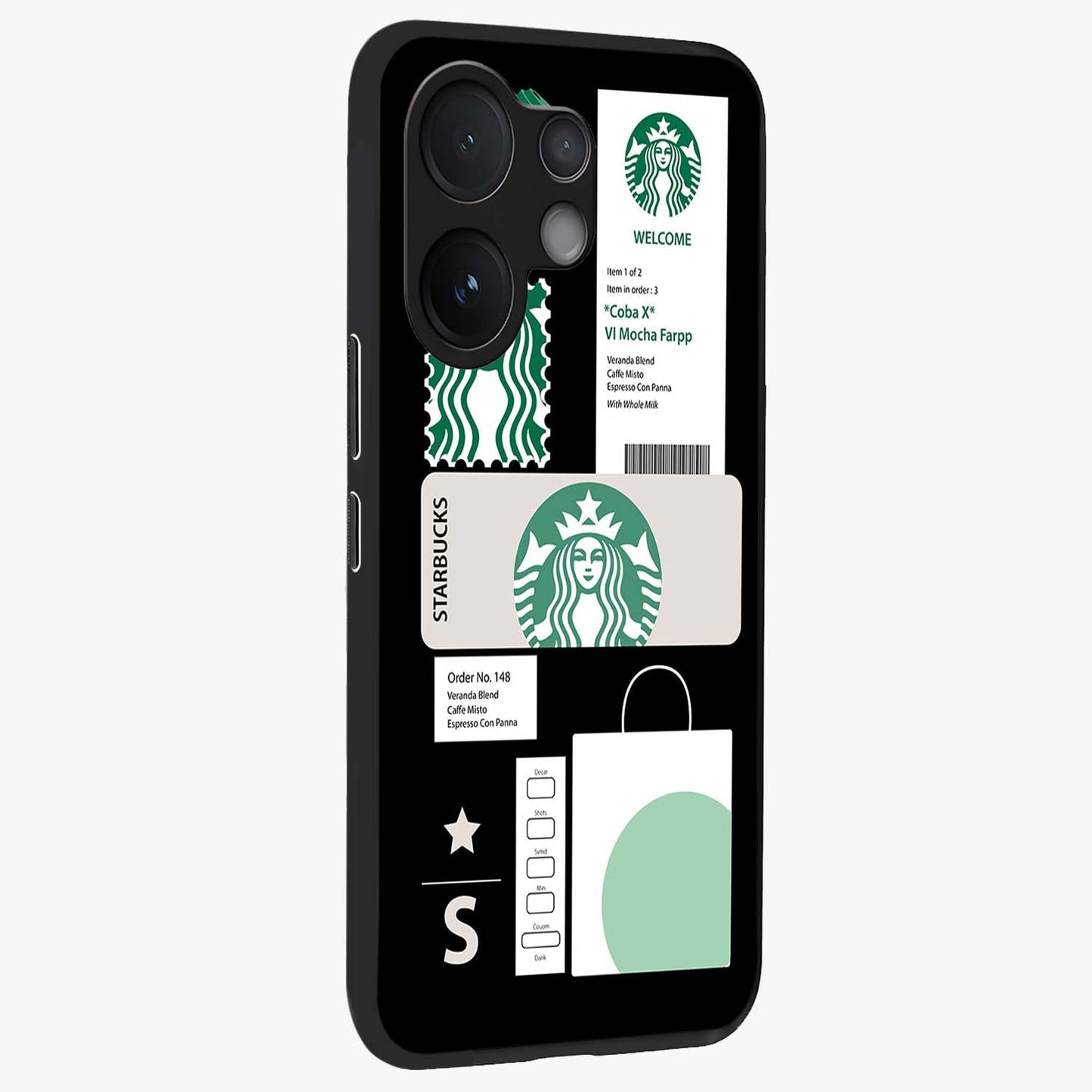 Starbucks Mocha Glass Case upright view showcasing trendy coffee inspired artwork with modern lifestyle theme.