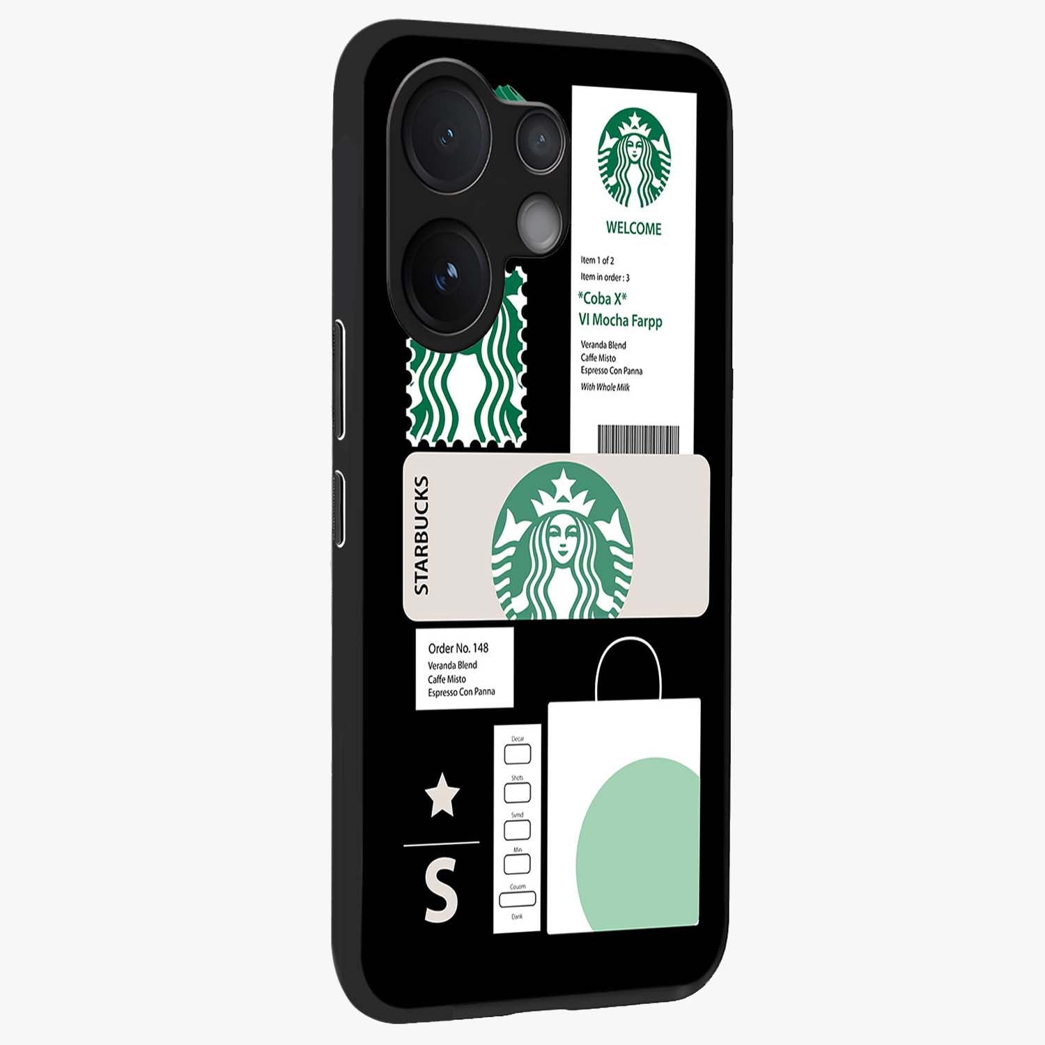 Starbucks Mocha Glass Case upright view showcasing trendy coffee inspired artwork with modern lifestyle theme.