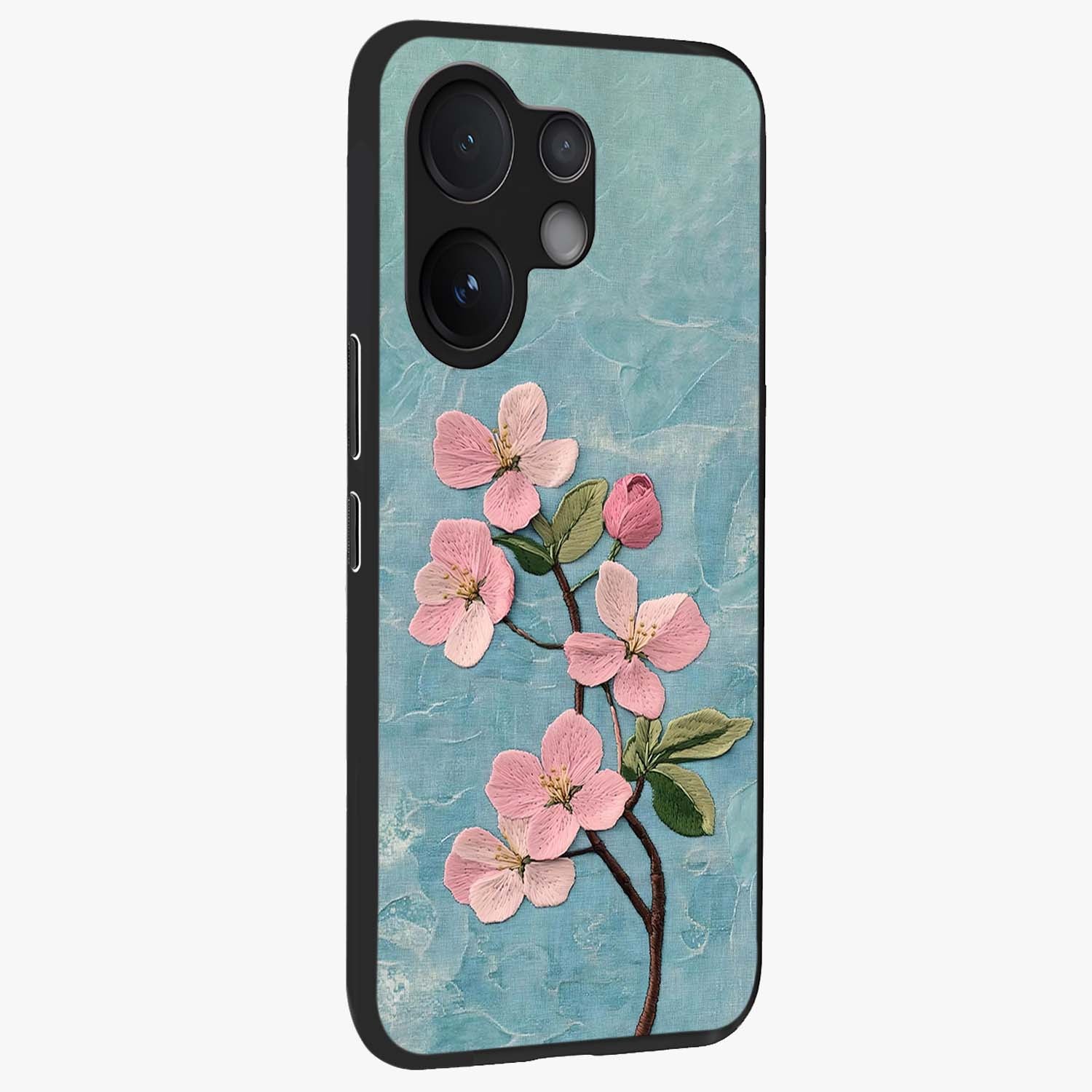 Threaded Blossom Breeze Glass Case upright view showcasing graceful flower artwork with calm botanical theme.