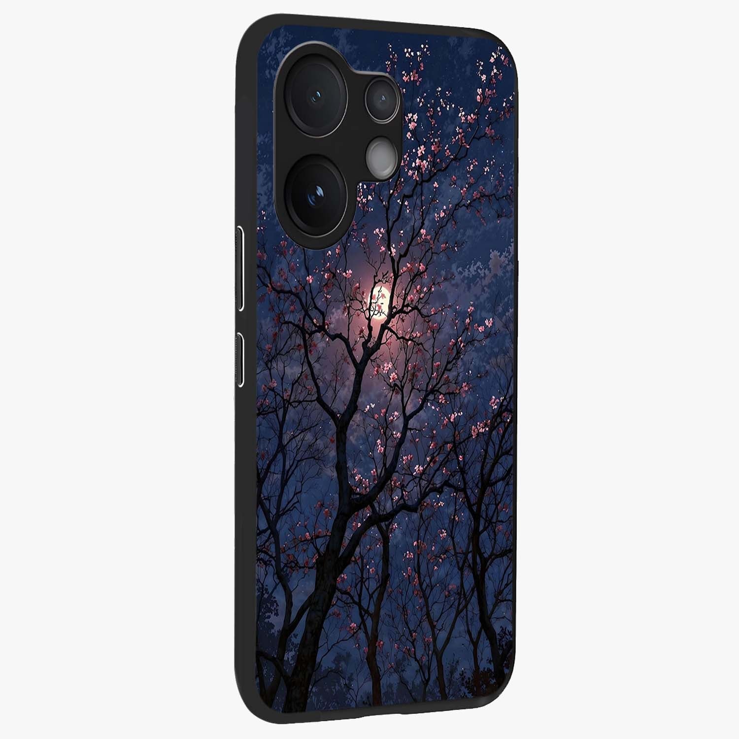 Twilight Sakura Serenade Glass Case upright view showcasing beautiful cherry blossom artwork with serene evening theme.