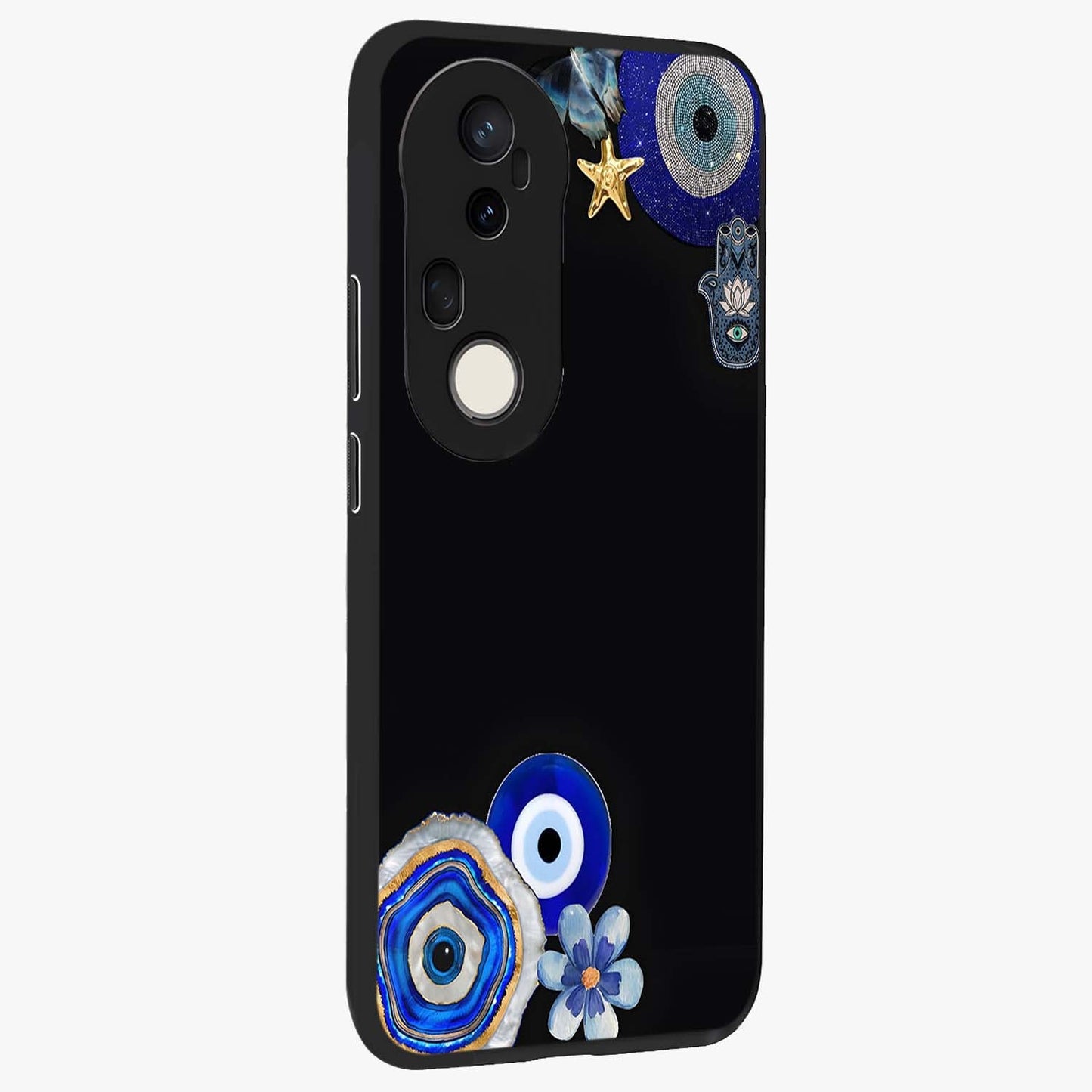 Aesthetic Blue Evil Eye Glass Case upright view showcasing mystical evil eye graphic with minimal aesthetic style.