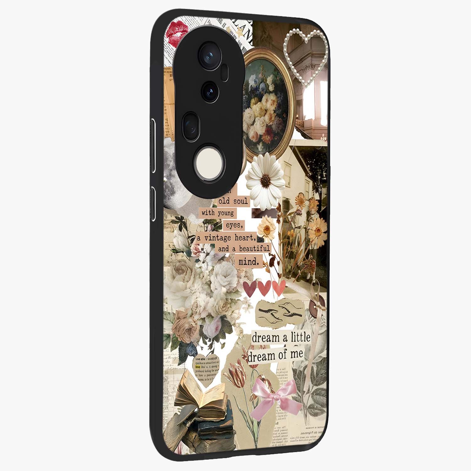 Aesthetic Brown Vintage Collage Glass Case upright view showcasing nostalgic retro artwork with stylish vintage theme.