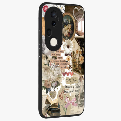 Aesthetic Brown Vintage Collage Glass Case upright view showcasing nostalgic retro artwork with stylish vintage theme.