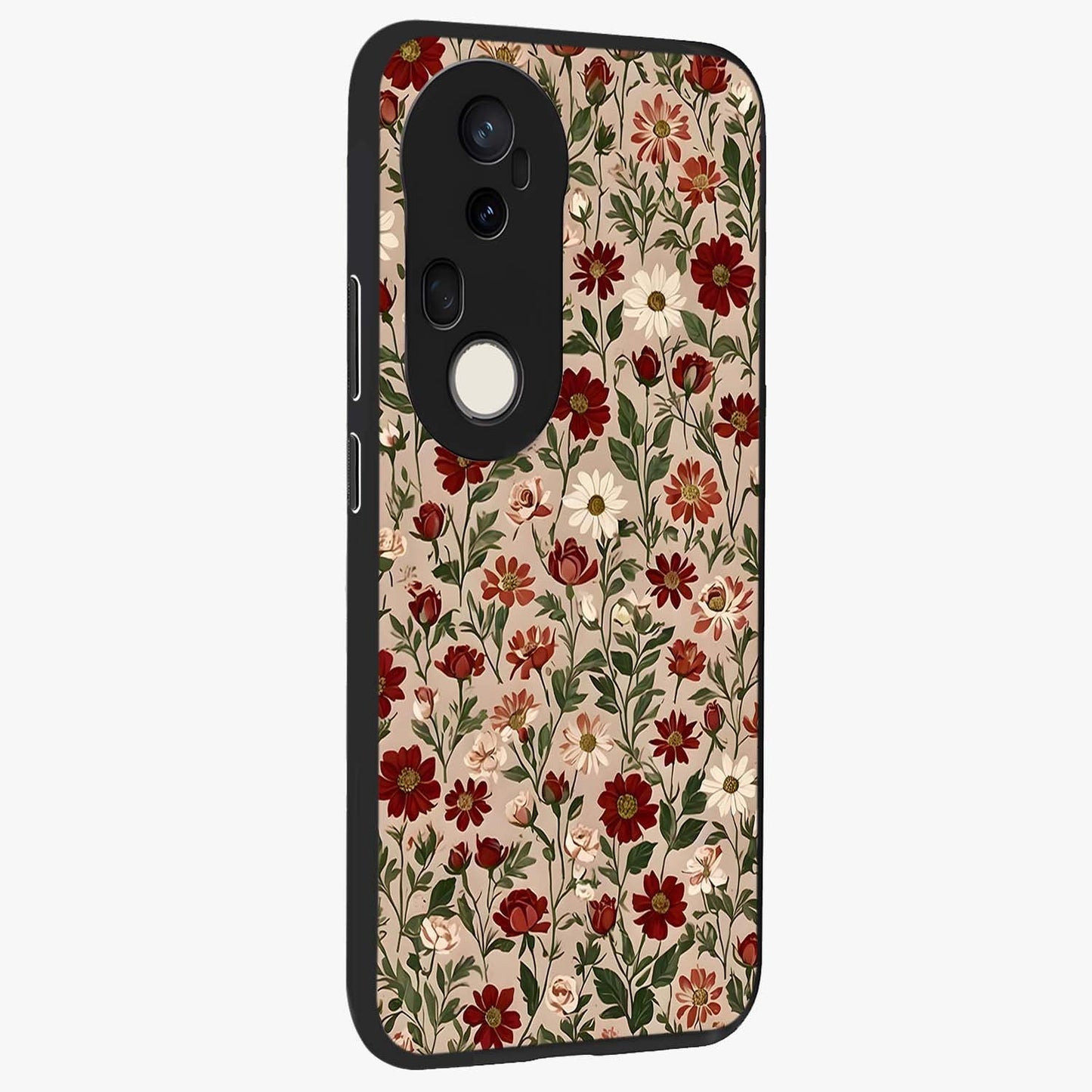 Biege Flower With Leaf Glass Case upright view showcasing delicate beige flower illustration with clean botanical style.