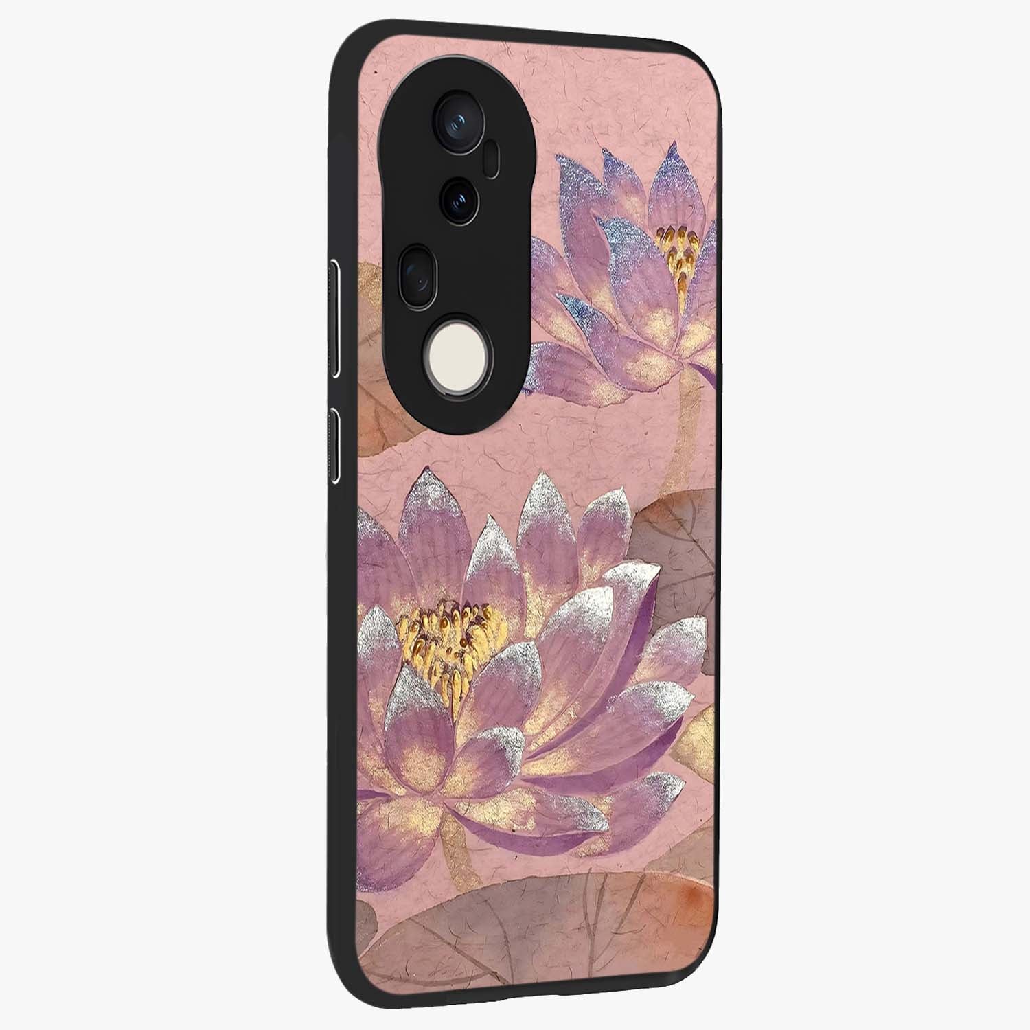 Blossom Mist Lotus Glass Case upright view showcasing graceful lotus flower design with peaceful botanical style.