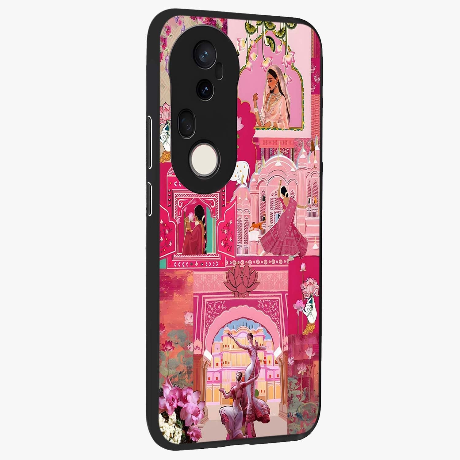 Blossoms of Rajasthan Glass Case upright view showcasing colorful floral design inspired by traditional Indian art.