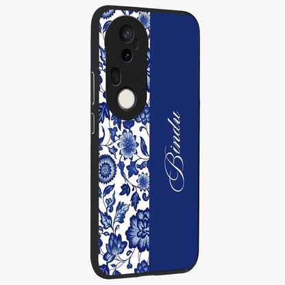 Blue Vintage Floral Pattern Glass Case upright view showcasing delicate blush floral texture with modern minimal style.