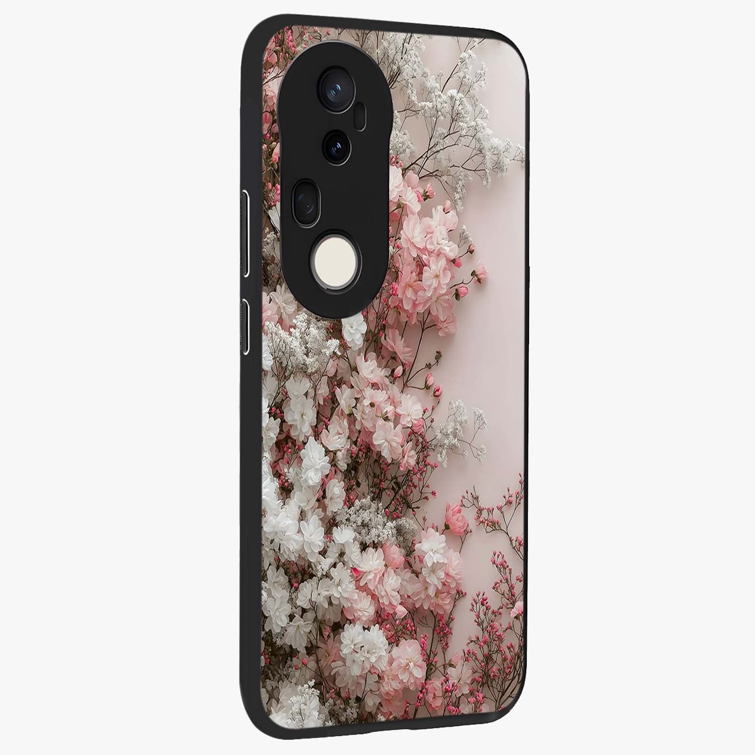 Blush Blossom Cloud Glass Case upright view showcasing calm floral cloud artwork with gentle dreamy theme.