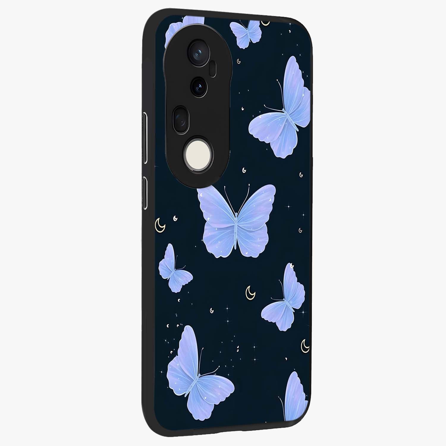 Butterfly With Stars Pattern Glass Case upright view showcasing celestial butterfly artwork with sparkling star elements.