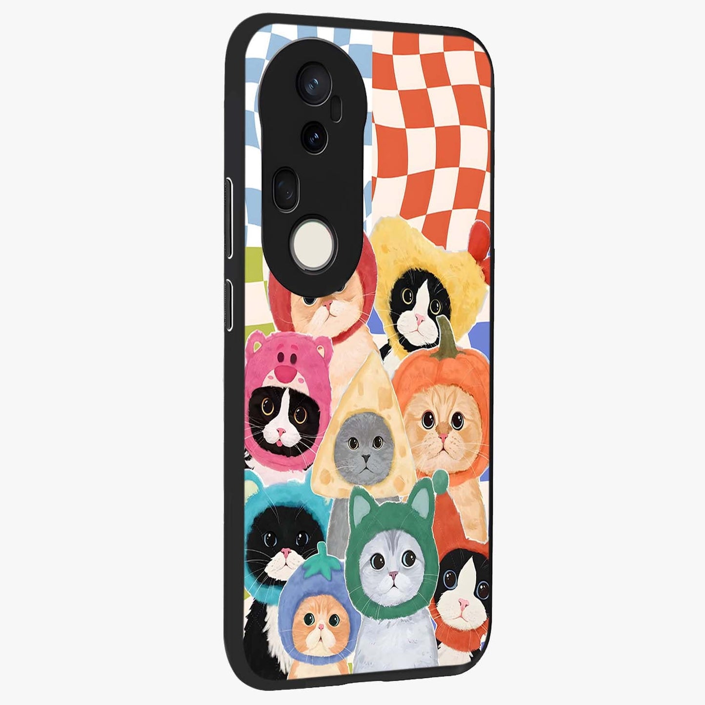 Cats in Fruits Glass Case upright view showcasing charming cat artwork with fun fruity theme.