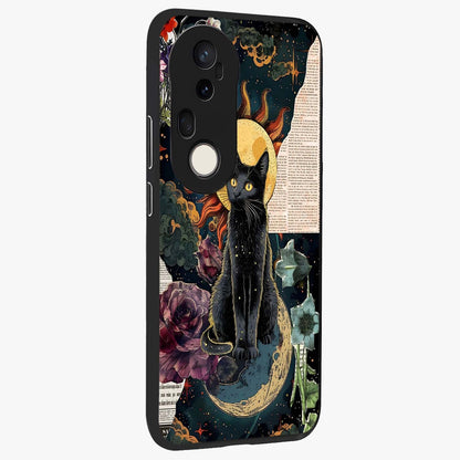 Celestial Black Cat Glass Case upright view showcasing magical black cat illustration with starry cosmic theme.