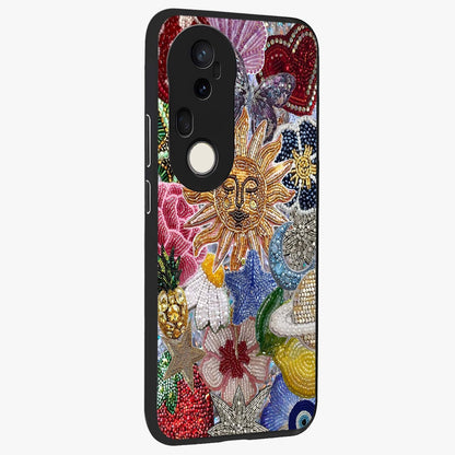 Celestial Floral and Playful Glass Case upright view showcasing whimsical floral artwork with cosmic aesthetic theme.