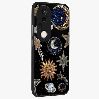 Celestial Gem Constellations Glass Case upright view showcasing cosmic constellation artwork with celestial aesthetic style.