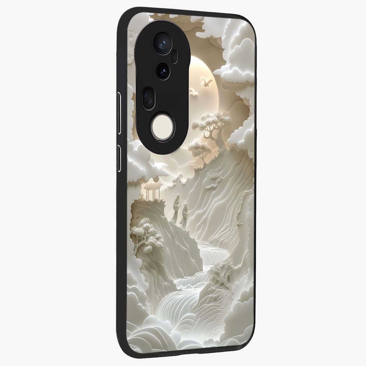 Celestial Origami Glass Case upright view showcasing creative origami artwork with modern celestial style.