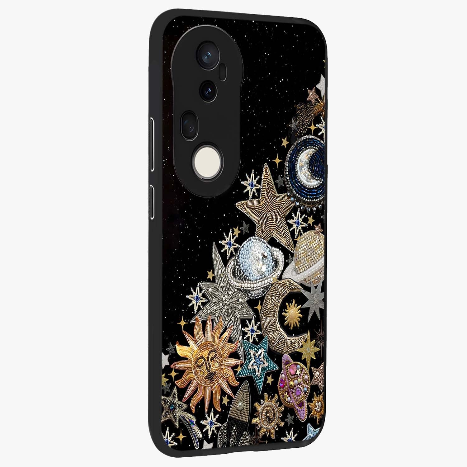 Cosmic Sparkle Dreams Glass Case upright view showcasing glowing cosmic artwork with magical galaxy theme.