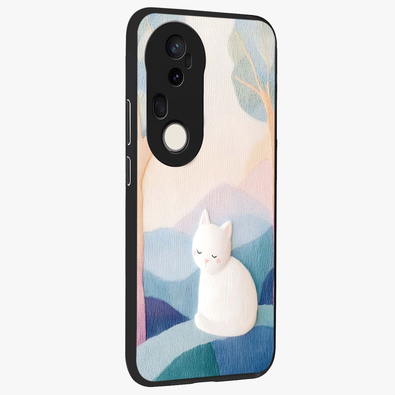 Cotton Dream Cat Glass Case upright view showcasing charming cat artwork with cozy dreamy theme.