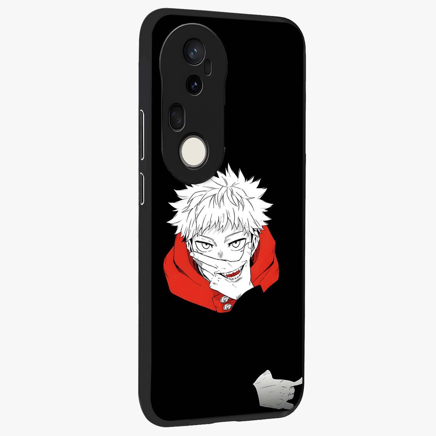 Crimson Chaos Smile Glass Case upright view showcasing expressive chaotic artwork with striking visual theme.