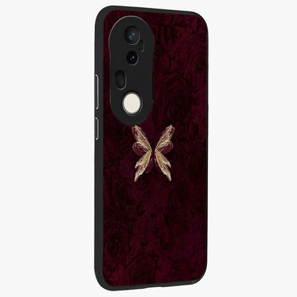 Crimson Fade Butterfly Glass Case upright view showcasing graceful butterfly artwork with soft crimson fade effect.