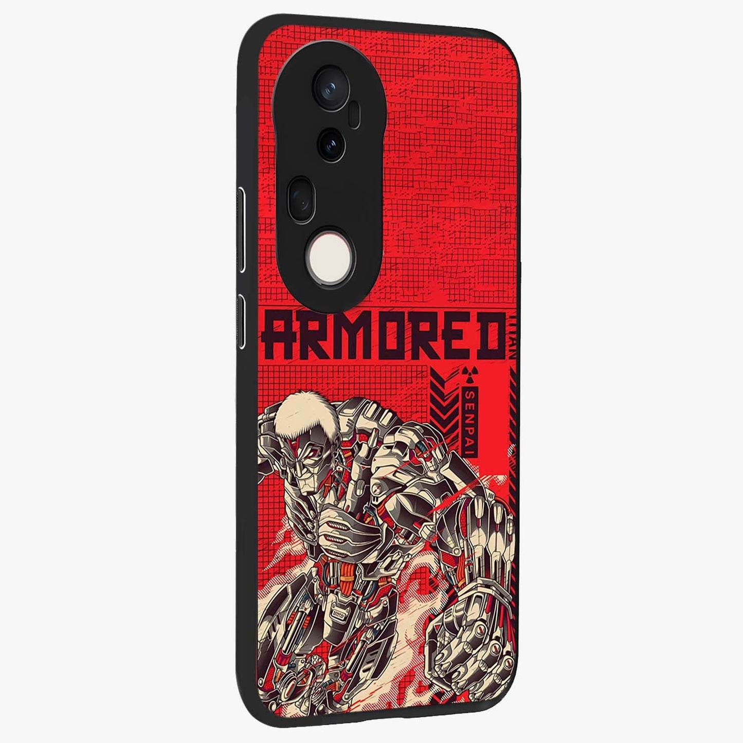 Crimson Mecha Titan Glass Case upright view showcasing dynamic robotic titan design with sci-fi inspired theme.