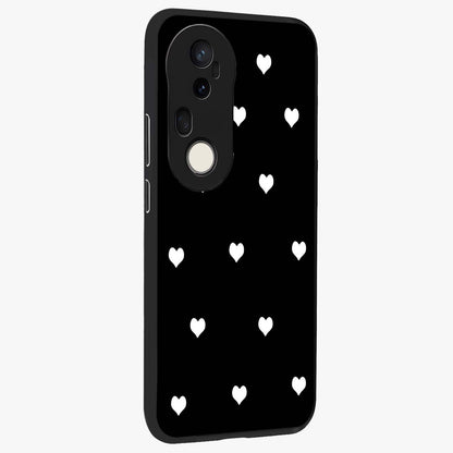 Cute And Simple White Hearts Glass Case upright view showcasing simple white hearts artwork with soft minimal theme.