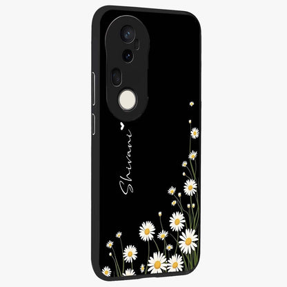 Daisy Cascade Custom Name Glass Case upright view showcasing elegant floral cascade design with personalized aesthetic.