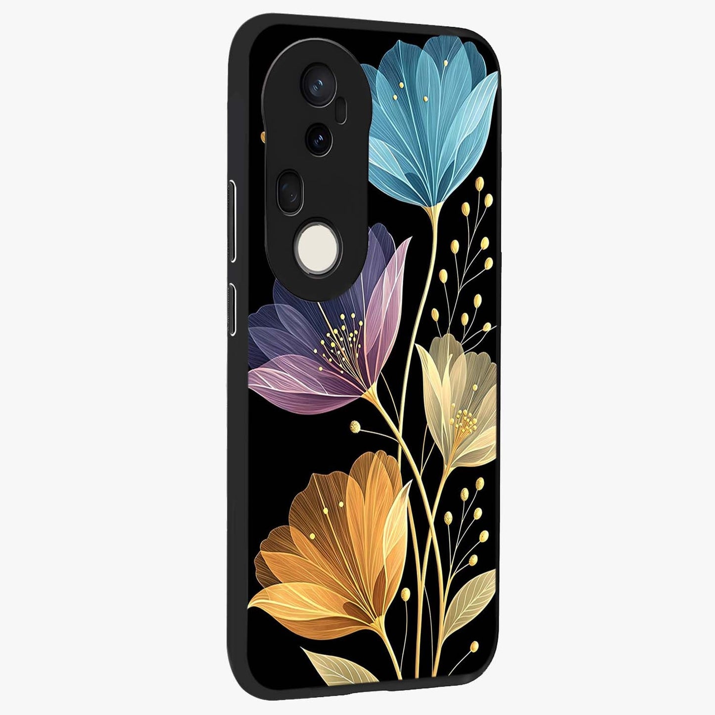 Delicate Multicolor Flowers Glass Case upright view showcasing delicate floral artwork with bright botanical theme.
