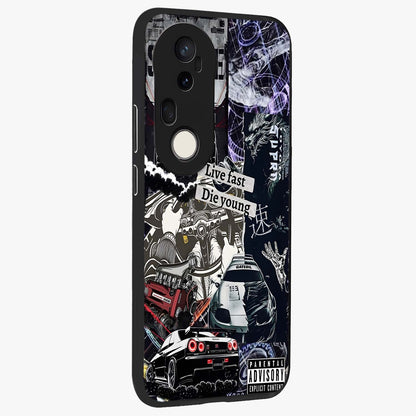 Die Young Glass Case upright view showcasing striking typography artwork with modern statement theme.