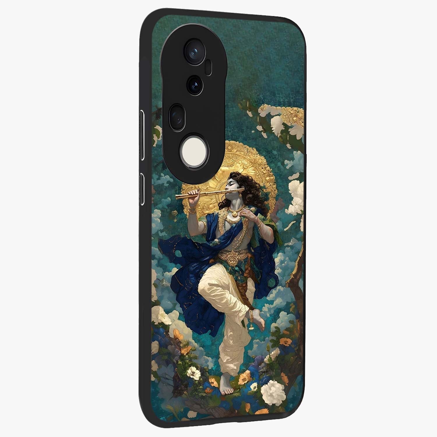 Divine Krishna Art Glass Case upright view showcasing divine Krishna artwork with sacred artistic theme.