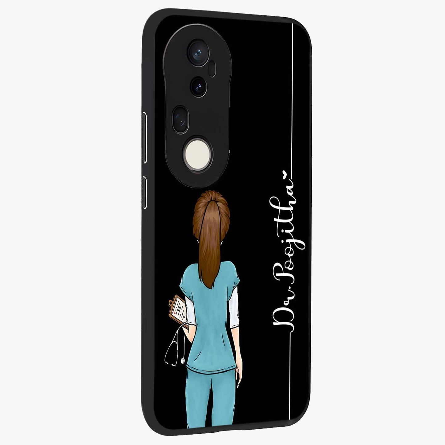 Doctor Pattern Custom Name Glass Case upright view showcasing healthcare themed design with personalized aesthetic.