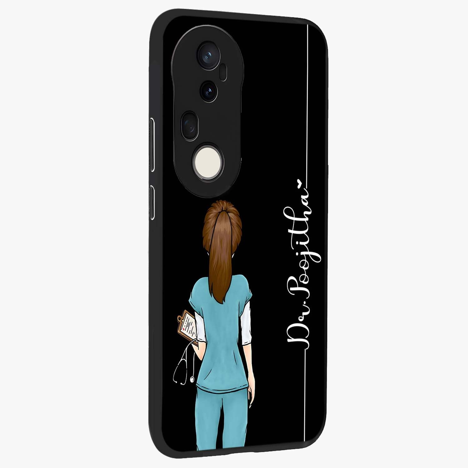 Doctor Pattern Custom Name Glass Case upright view showcasing healthcare themed design with personalized aesthetic.