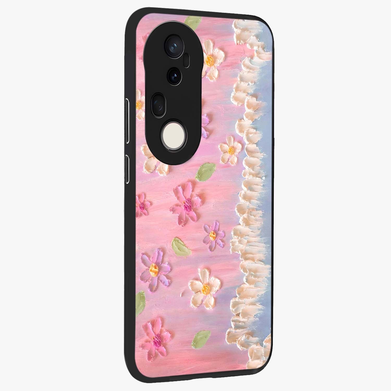 Dreamy Painted Garden Glass Case upright view showcasing vibrant floral garden artwork with artistic nature theme.