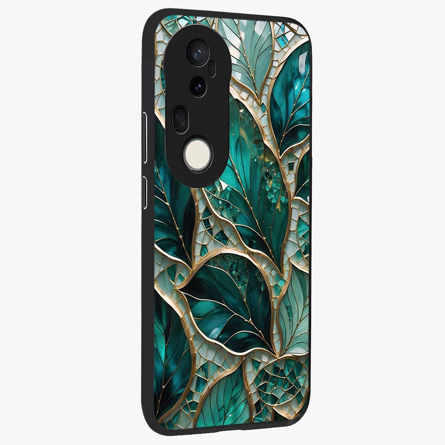 Emerald Leaf Glass Glass Case upright view showcasing fresh green leaf artwork with calming nature inspired style.