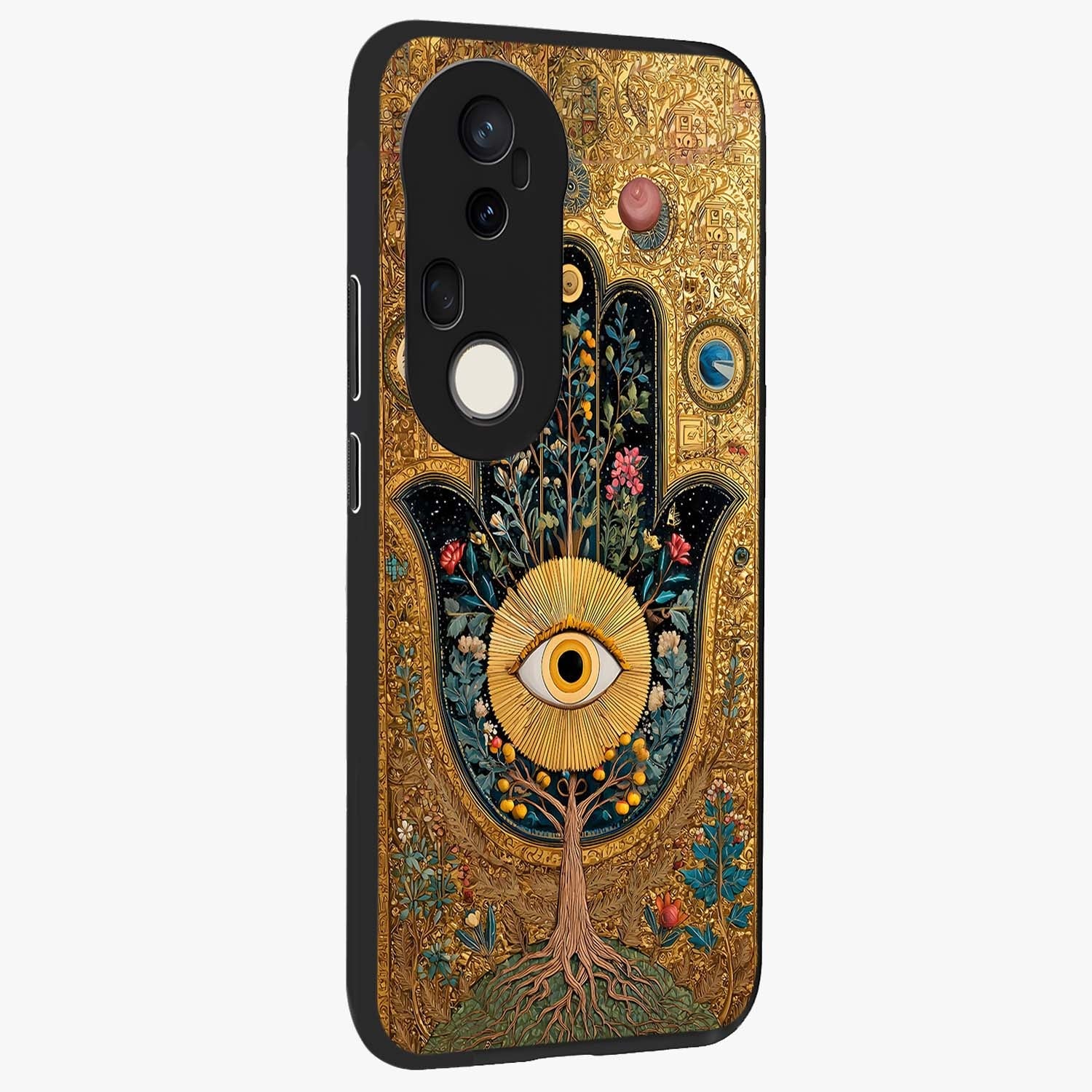 Ethereal Evil Eye Glass Case upright view showcasing celestial evil eye artwork with mystical theme.