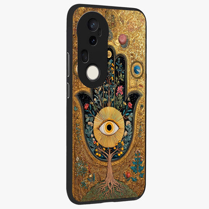 Ethereal Evil Eye Glass Case upright view showcasing celestial evil eye artwork with mystical theme.