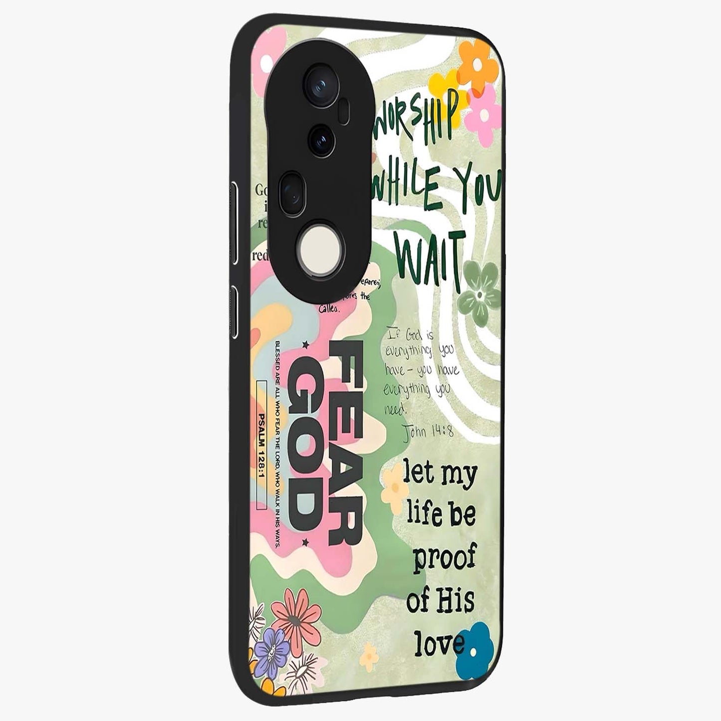 Faith Over Fear Glass Case upright view showcasing bold typography artwork with uplifting motivational theme.