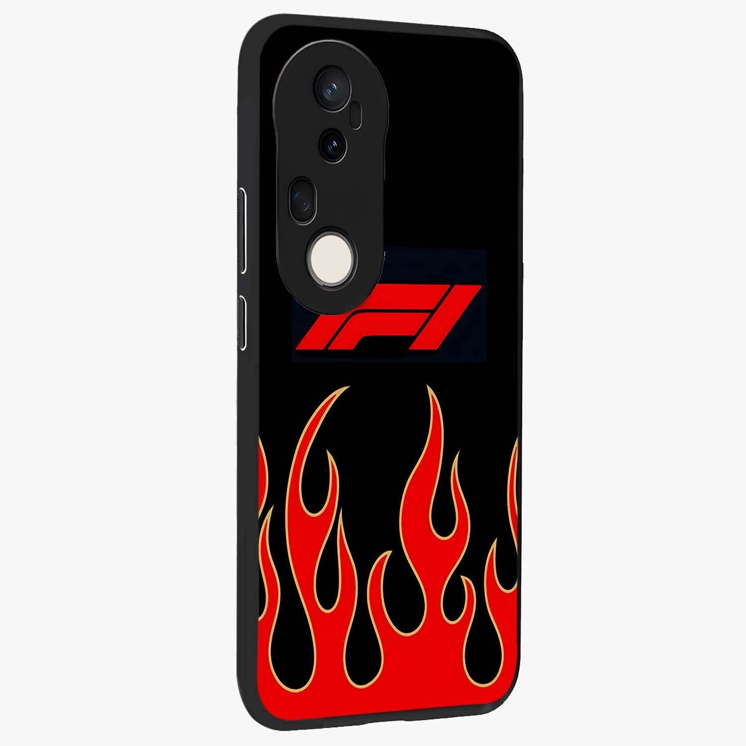 Fire F11 Glass Case upright view showcasing dynamic flame artwork with intense visual theme.