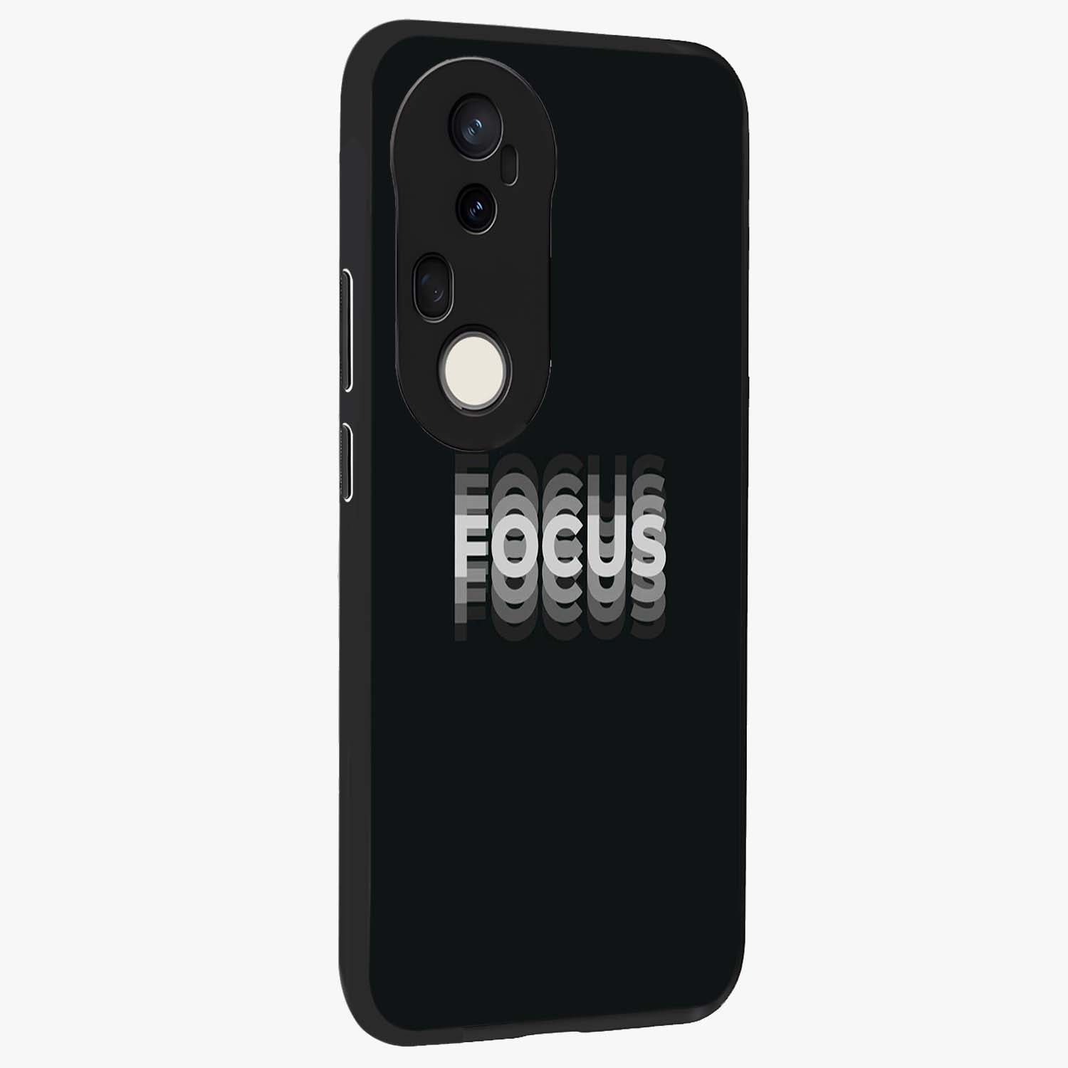 Focus Mode On Glass Case upright view showcasing strong typography statement with sleek motivational theme.
