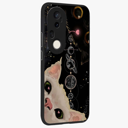 Galactic Cat Glass Case upright view showcasing mystical cat artwork with dreamy cosmic theme.