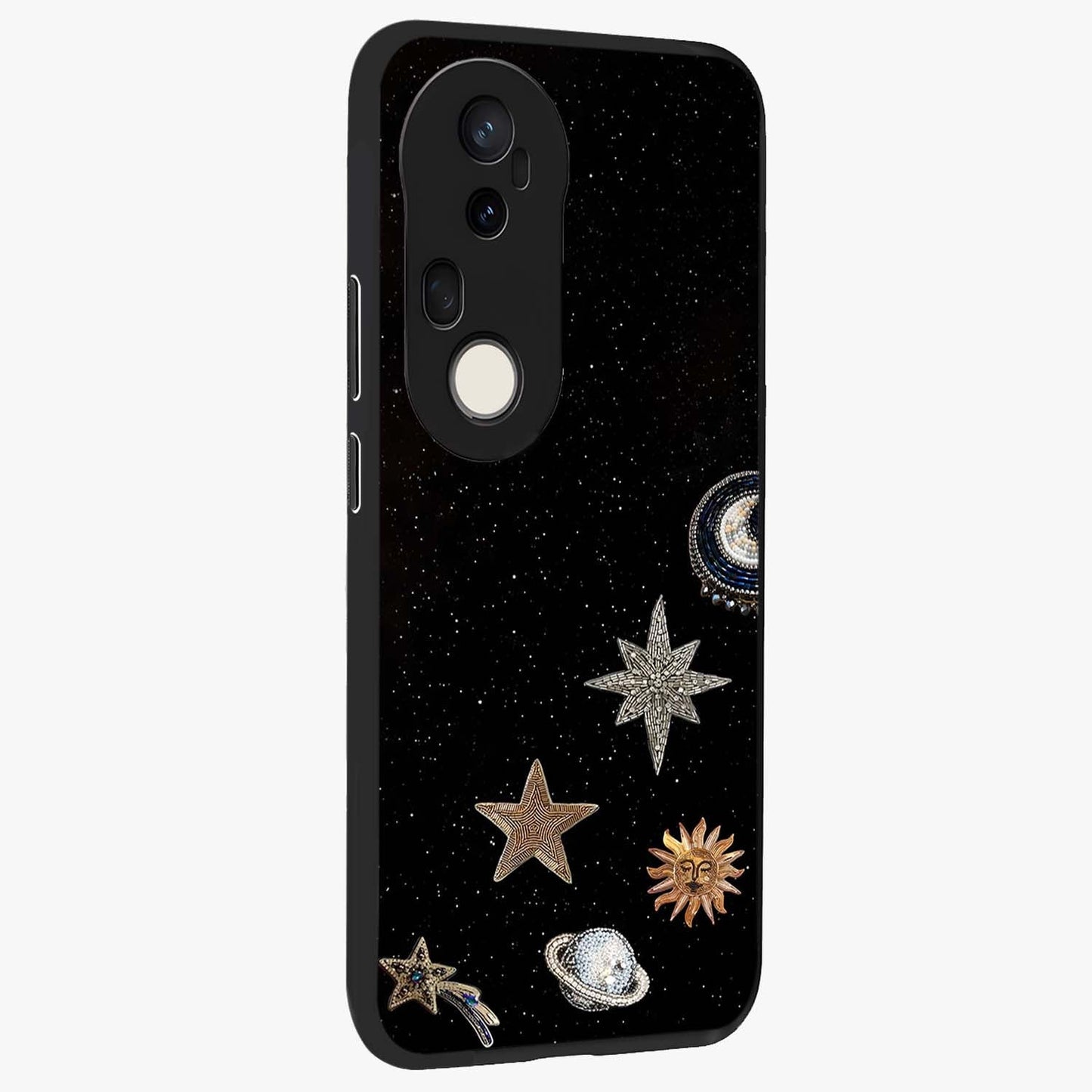 Galactic Charm Glow Glass Case upright view showcasing glowing cosmic charm artwork with magical celestial style.