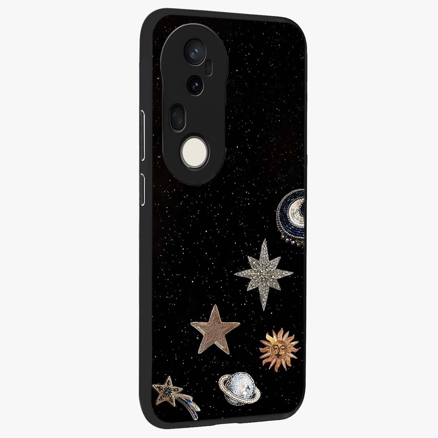 Galactic Charm Glow Glass Case upright view showcasing glowing cosmic charm artwork with magical celestial style.