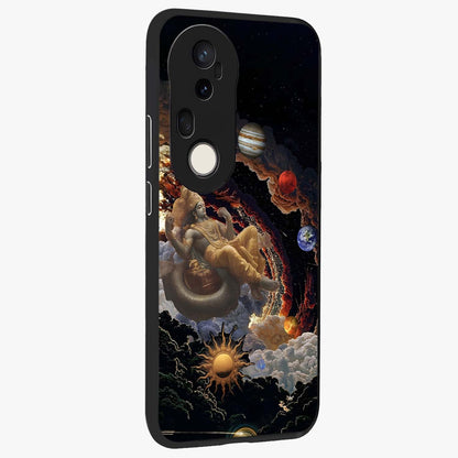Galactic Divine God Glass Case upright view showcasing mystical divine artwork with dramatic cosmic theme.