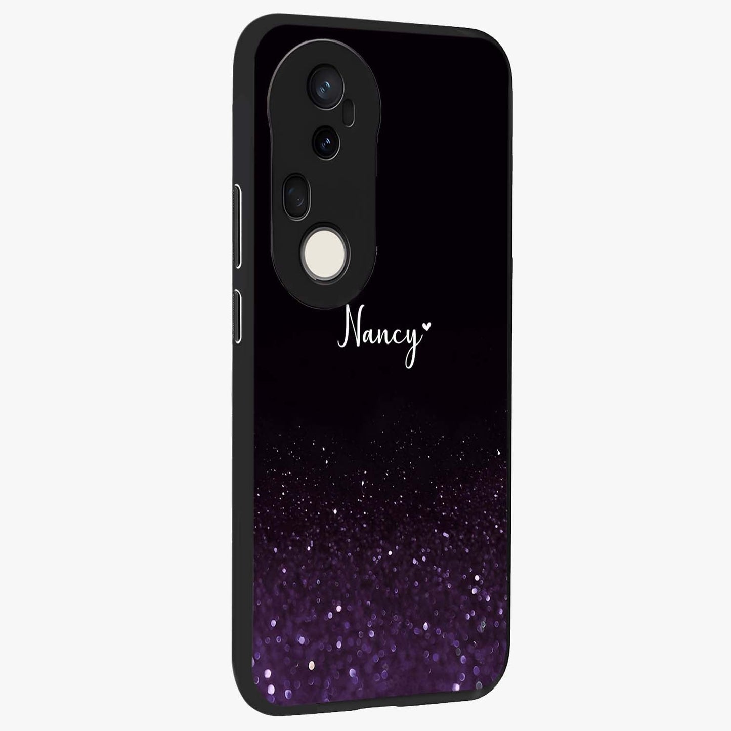 Glittery Purple Bokeh Custom Name Glass Case upright view showcasing vibrant purple sparkle artwork with personalized aesthetic style.