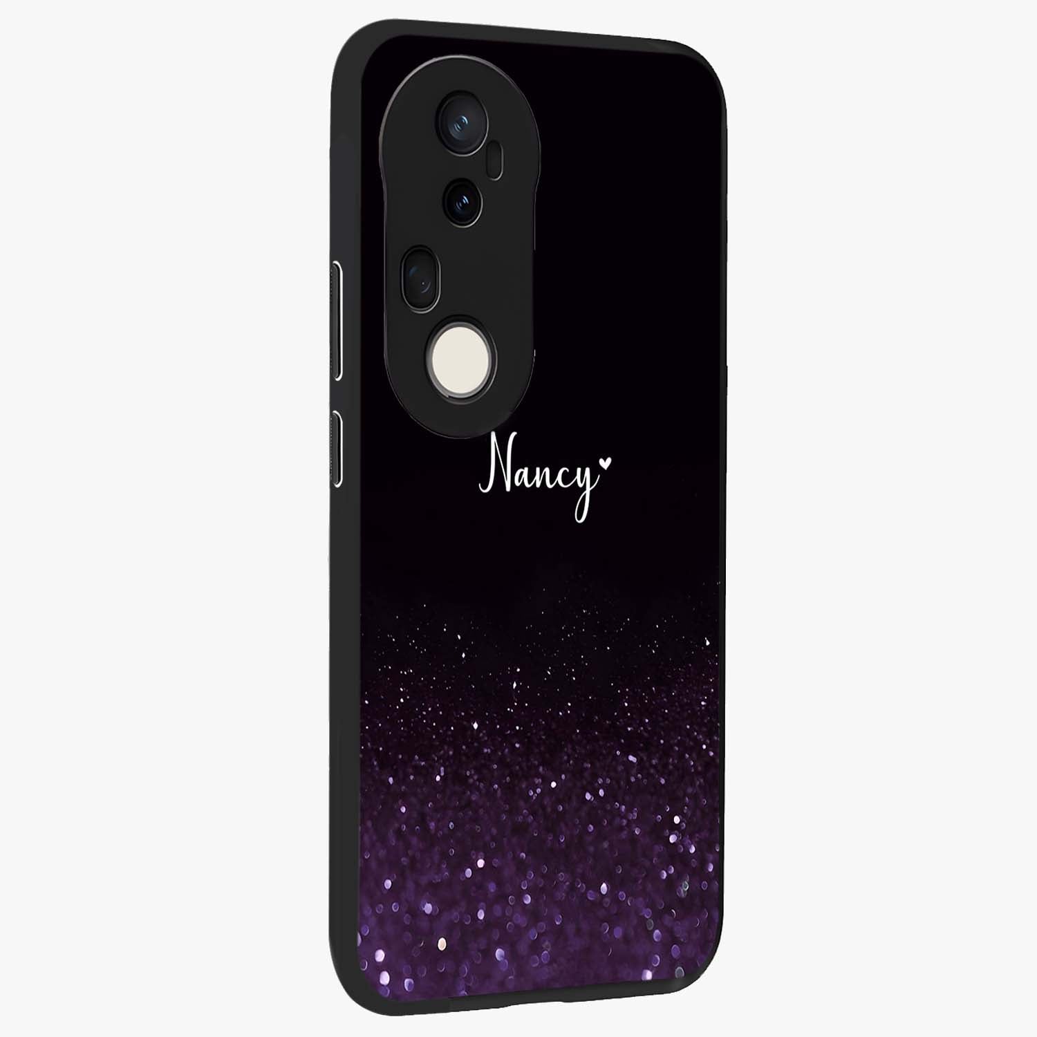 Glittery Purple Bokeh Custom Name Glass Case upright view showcasing vibrant purple sparkle artwork with personalized aesthetic style.